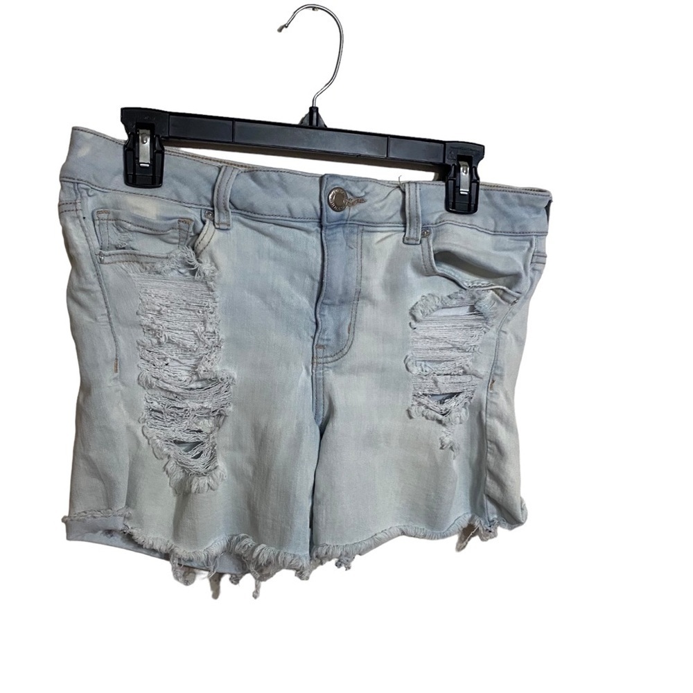 American Eagle Ladies Denim Light Wash Distressed Stretch Raw Hem Shorts Sz 12